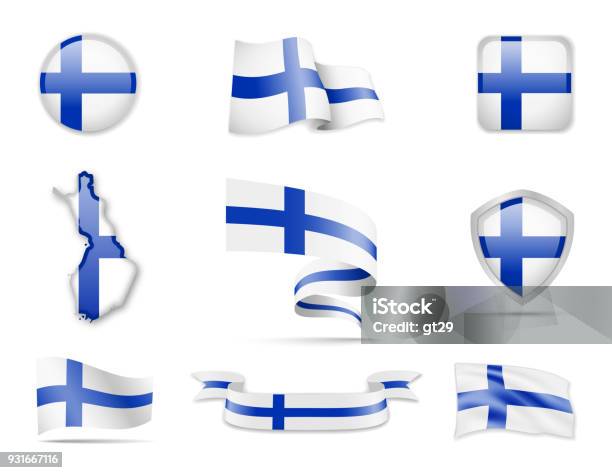 Ilustración de Colección De Banderas De Finlandia Banderas Y El Mapa De Contorno y más Vectores Libres de Derechos de Bandera finlandesa