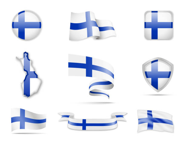 bildbanksillustrationer, clip art samt tecknat material och ikoner med finland flaggor samling. flaggor och kontur karta. - finsk flagga