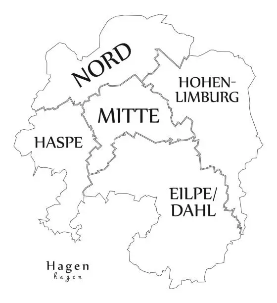 Vector illustration of Modern City Map - Hagen city of Germany with boroughs and titles DE outline map