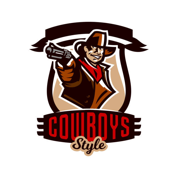 Colorful emblem, icon, cowboy holding a revolver. Wild West, a bandit, a robber, a sheriff, a gunfight. Vector illustration Colorful emblem, icon, cowboy holding a revolver. Wild West, a bandit, a robber, a sheriff, a gunfight. Vector illustration wild west gunfight stock illustrations