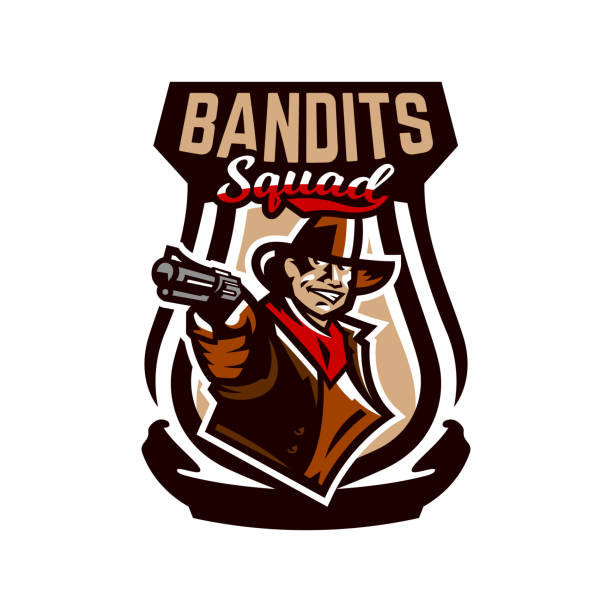 Colorful emblem, icon, cowboy holding a revolver. Wild West, a bandit, a robber, a sheriff, a gunfight. Vector illustration Colorful emblem, icon, cowboy holding a revolver. Wild West, a bandit, a robber, a sheriff, a gunfight. Vector illustration wild west gunfight stock illustrations