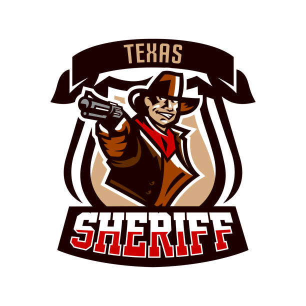 Colorful emblem, icon, cowboy holding a revolver. Wild West, a bandit, a robber, a sheriff, a gunfight. Vector illustration Colorful emblem, icon, cowboy holding a revolver. Wild West, a bandit, a robber, a sheriff, a gunfight. Vector illustration wild west gunfight stock illustrations