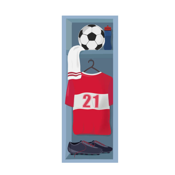 soccer clothes and ball in locker room soccer clothes and ball in locker room on white background football locker room stock illustrations