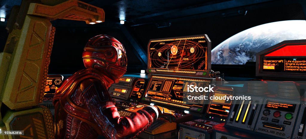 Spaceship interior with astronauts Futuristic astronauts in a spaceship Spaceship Stock Photo