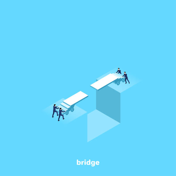 bridge people in business suits try to bridge the gap, isometric image bridge stock illustrations