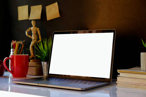 istock Loft workspace creative hipster desktop with blank white computer screen and supplies. Mock up 931683006