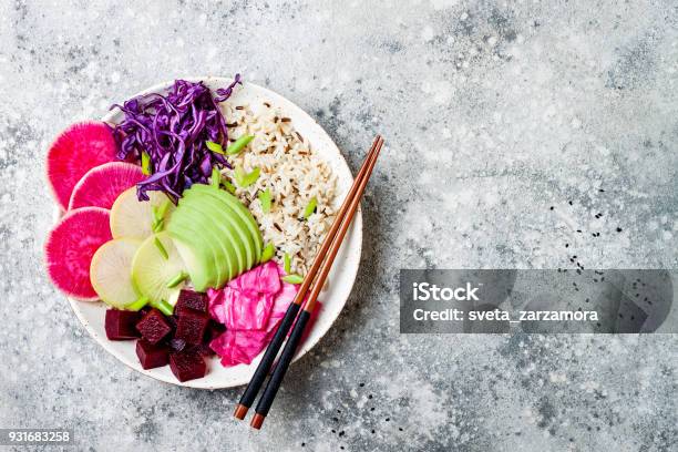 Vegan Poke Bowl With Avocado Beet Pickled Cabbage Radishes Top View Overhead Flat Lay Stock Photo - Download Image Now