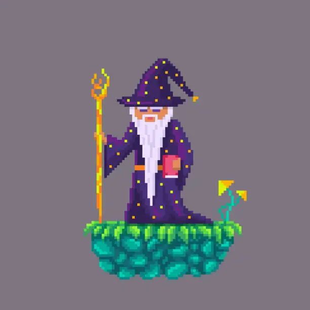 Vector illustration of Pixel art old wizard.