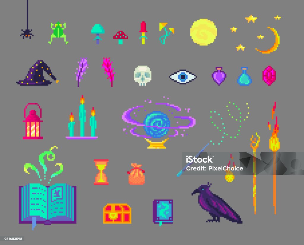 Pixel art magic set. Pixel art magic set. Mystical book, mushrooms, skull, staff, crows and much more for design. Pixelated stock vector
