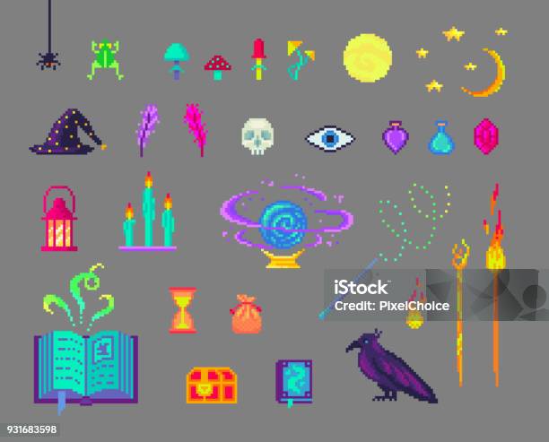 Pixel Art Magic Set Stock Illustration - Download Image Now - Pixelated, Book, Icon Symbol