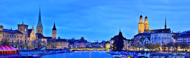 Zurich Cityscape at Sunset, Switzerland Zurich panoramic cityscape at sunset, Switzerland. switzerland zurich architecture church stock pictures, royalty-free photos & images