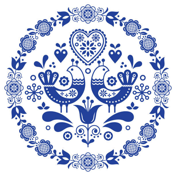 ilustraciones, imágenes clip art, dibujos animados e iconos de stock de vector de arte popular ronda marco ornamental con aves, corazones y flores, diseño escandinavo en círculo, composición floral - cultura escandinava