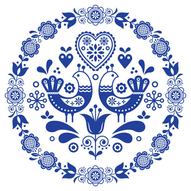 ilustrações de stock, clip art, desenhos animados e ícones de folk art vector round ornamental frame with birds, hearts, and flowers, scandinavian design in circle, floral composition - swedish culture