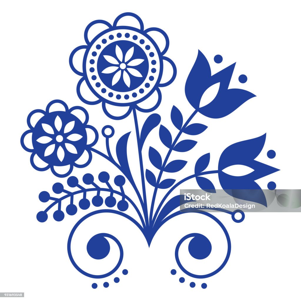 Scandinavian folk art ornament with flowers, Nordic floral design, retro background in navy blue Retro floral background inspired by Swedish and Norwegian traditional embroidery Backgrounds stock vector