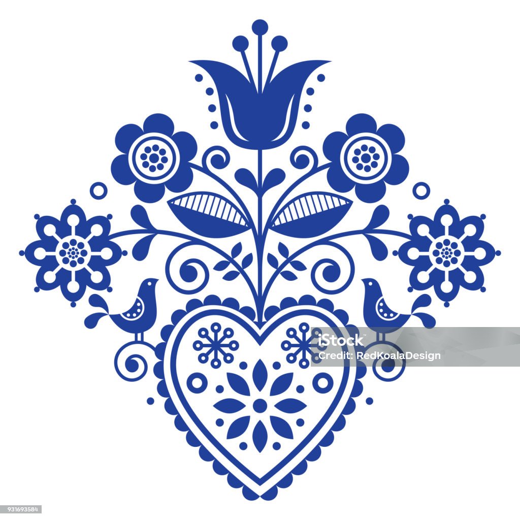 Escandinava retrô folk arte floral, vector design em azul marinho, Nordic padrão com pássaros e flores - Vetor de Animal royalty-free