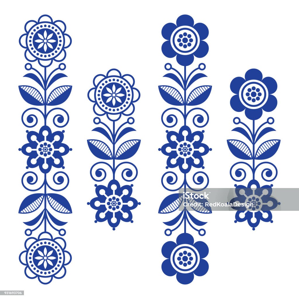 Scandinavian floral design elements, folk art patterns - long stripes Retro floral design elements inspired by Swedish and Norwegian traditional embroidery Backgrounds stock vector