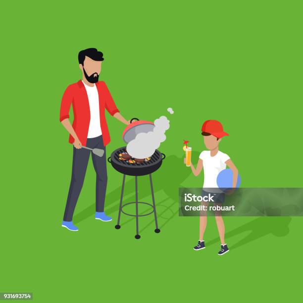 Father And Son Preparing Barbecue Stock Illustration - Download Image Now - Father, Barbecue - Meal, Barbecue Grill