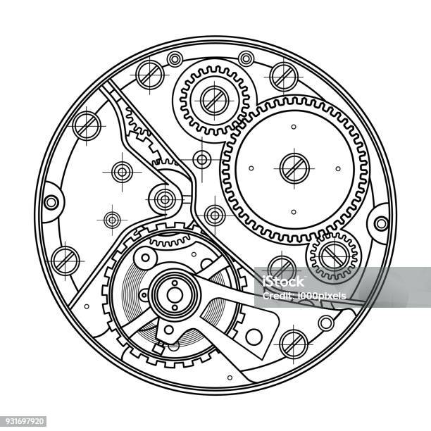 기어와 기계식 시계 브랜드입니다 내부 장치의 그림 복잡 한 시스템 기술 엔지니어링 및 과학 연구 첨단의 조화로 운 상호 작용의 예제로 사용 될 수 있습니다 시계에 대한 스톡 벡터 아트 및 기타 이미지