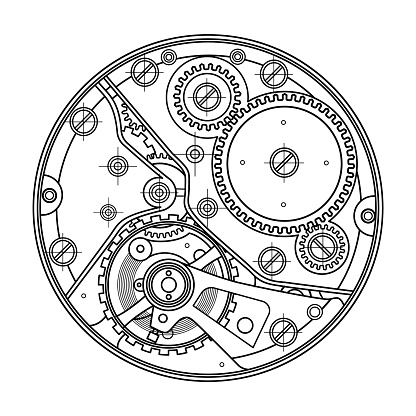 Mechanical watches with gears. Drawing of the internal device. It can be used as an example of harmonious interaction of complex systems, technical, engineering and scientific research.
