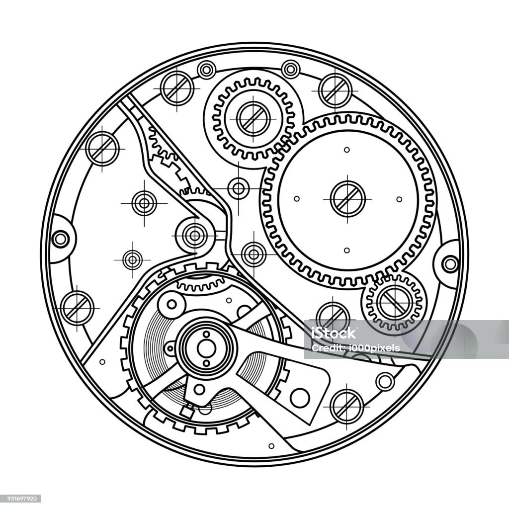 Mechanical watches with gears. Drawing of the internal device. It can be used as an example of harmonious interaction of complex systems, technical, engineering and scientific research, high-tech Mechanical watches with gears. Drawing of the internal device. It can be used as an example of harmonious interaction of complex systems, technical, engineering and scientific research. Watch - Timepiece stock vector