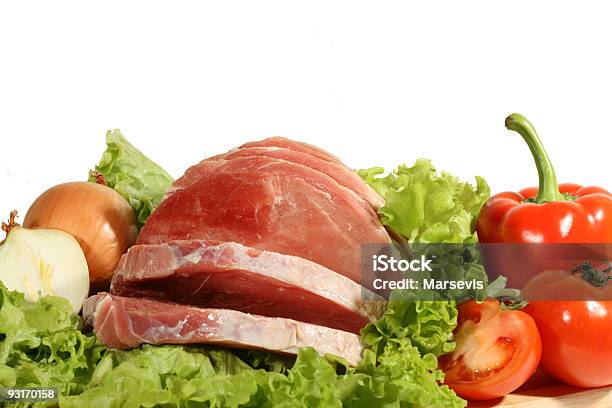 Fresh Meat On Leaves Of Salad With Vegetables Stock Photo - Download Image Now - Banquet, Chopped Food, Color Image