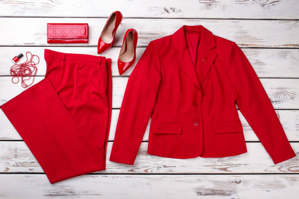 istock Flat lay red women suit and accessories. 931702990