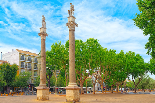 Seville, Spain - June 08, 2017 : Column Alameda de Hercules in downtown of the city Seville - is the largest city of the autonomous community of Andalusia, Spain.