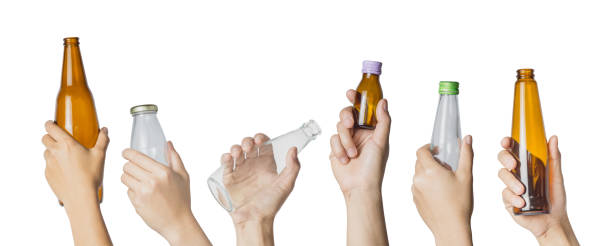 Collections of hand holding empty bottle transparent on white background