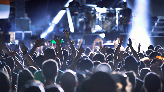 Rear view of large group of people enjoying a concert performance of unrecognizable music band on the stage. There are silhouettes of people with arms raised.

NOTE: liquified people.