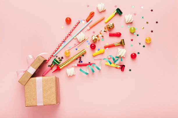 istock Birthday party background with gift and lollipops 931716446