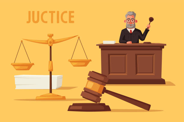 Judge character with hammer. Cartoon vector illustration Judge character with hammer. Cartoon vector illustration. Juistice concept.Law judicial legal proceedings in courthouse supreme court justice stock illustrations