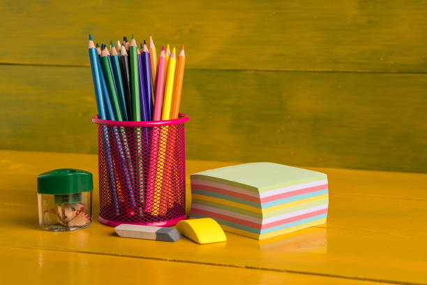istock color pencils in metal grid container on the yellow board 931732554
