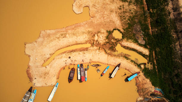 Aerial view of boats in Siem-Reap Tonle Sap Cambodia stock photo