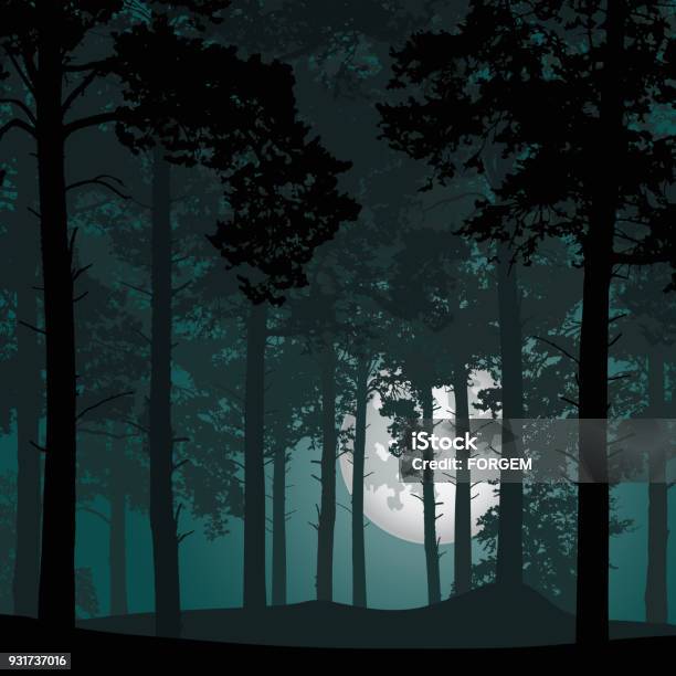 Vector Illustration Of Coniferous Forest Under Night Sky With Stars And Moon Full Moon Stock Illustration - Download Image Now