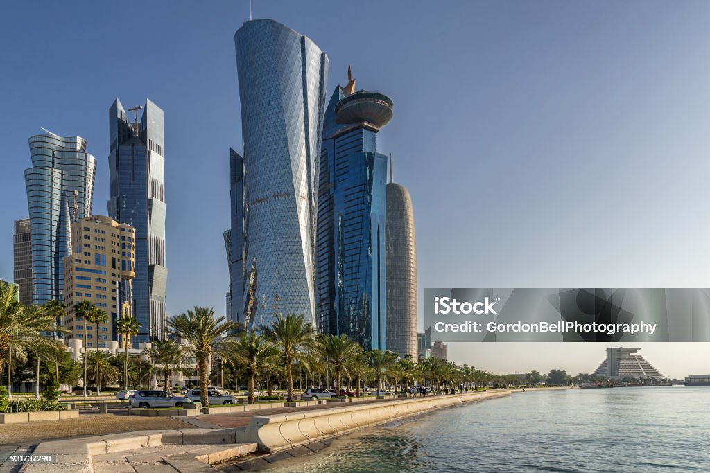 West Bay in Doha Looking down the Corniche at West Bay in Doha Apartment Stock Photo