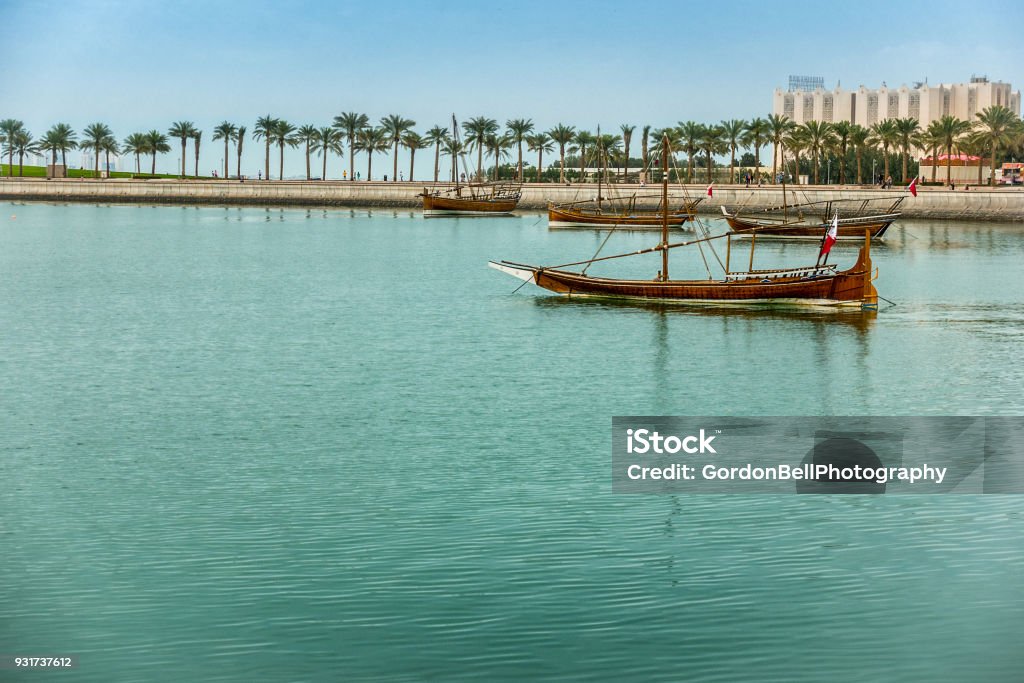 Doha in Qatar Dhow port on the Corniche in Doha Qatar Bay of Water Stock Photo