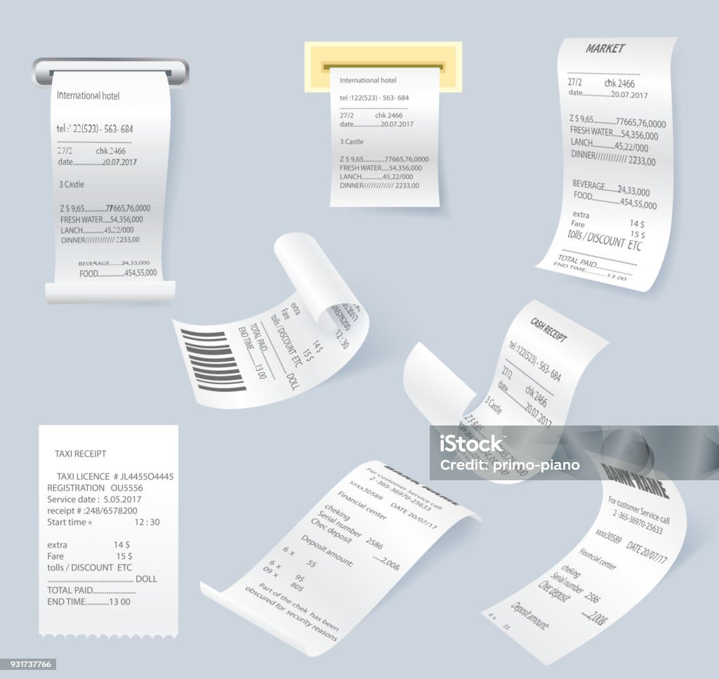 Paper print check vector elements set Paper print check vector elements. Shop reciept, retail ticket isolated object, realistic financial atm bill, cash dispenser financial invoice. Receipt records sale of goods or provision of service Ticket stock vector