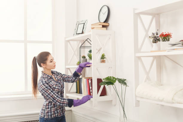 istock Woman cleaning dust from bookshelf 931739426