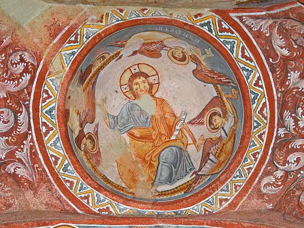 Goreme - town in Cappadocia in Turkey with amazing rock formations - interior reliefs in a mountain church