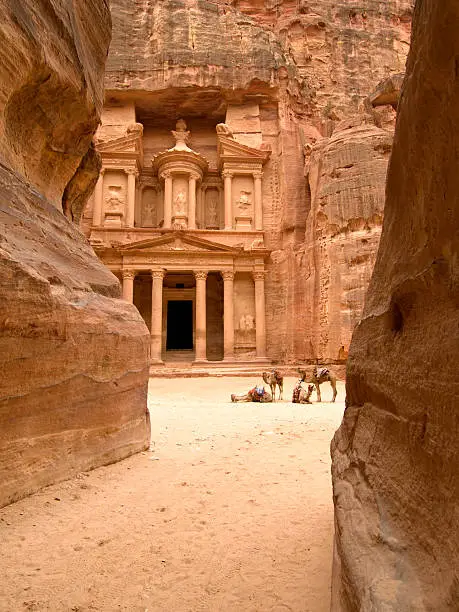 Camels outside the Treasury at Petra in Jordan - city carved out of the rock