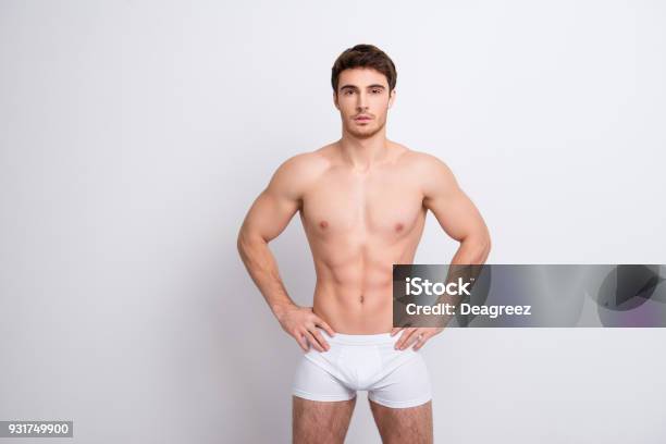 Chest Clean Clear People Person Concept Portrait Of Handsome Muscular Virile Masculine With Abs Sixpack Sportsman Holding Hands On Waistline Clothed In White Underpants Isolated On White Background Stock Photo - Download Image Now