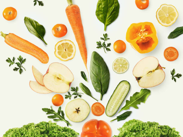 collage di vari frutti e verdure su sfondo bianco, isolato - carrot vegetable isolated organic foto e immagini stock