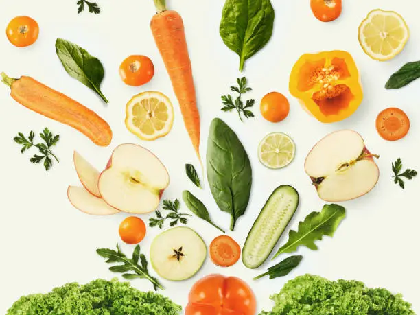 Photo of Collage of various fruits and vegetables on white background, isolated