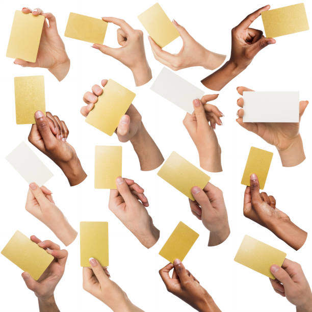 istock Diverse hands with business cards. Set, isolated on white. 931753128