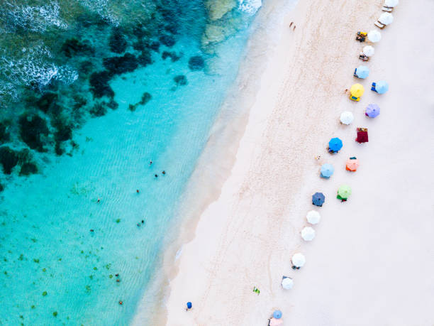 Beach umbrellas and blue ocean. Beach scene from above