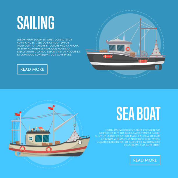 wędkarstwo ulotki biznesowe z małych łodzi morskich - nave stock illustrations