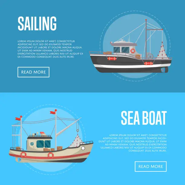 Vector illustration of Fishing business flyers with small sea boats