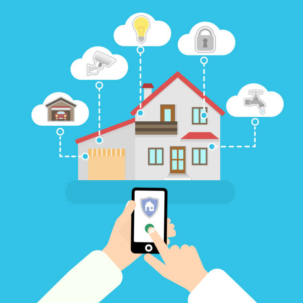 istock Vector smart home in your phone. Illustration on blue background. Icons in the clouds 931757010
