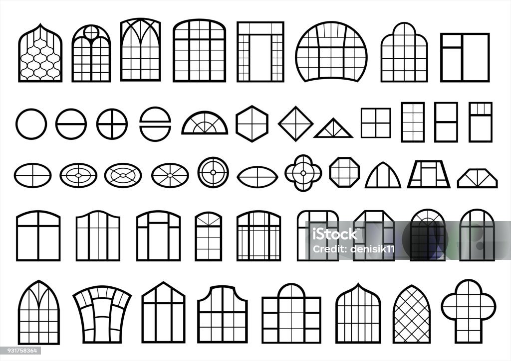 Set of classic and modern windows A set of classic and modern Windows. Icons signs symbols silhouettes. Vector graphics Window stock vector