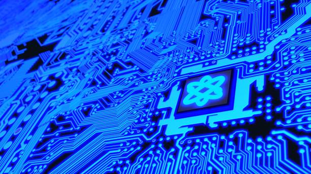 Circuit board in blue with a chip and a molecule symbol quantum computing stock photo